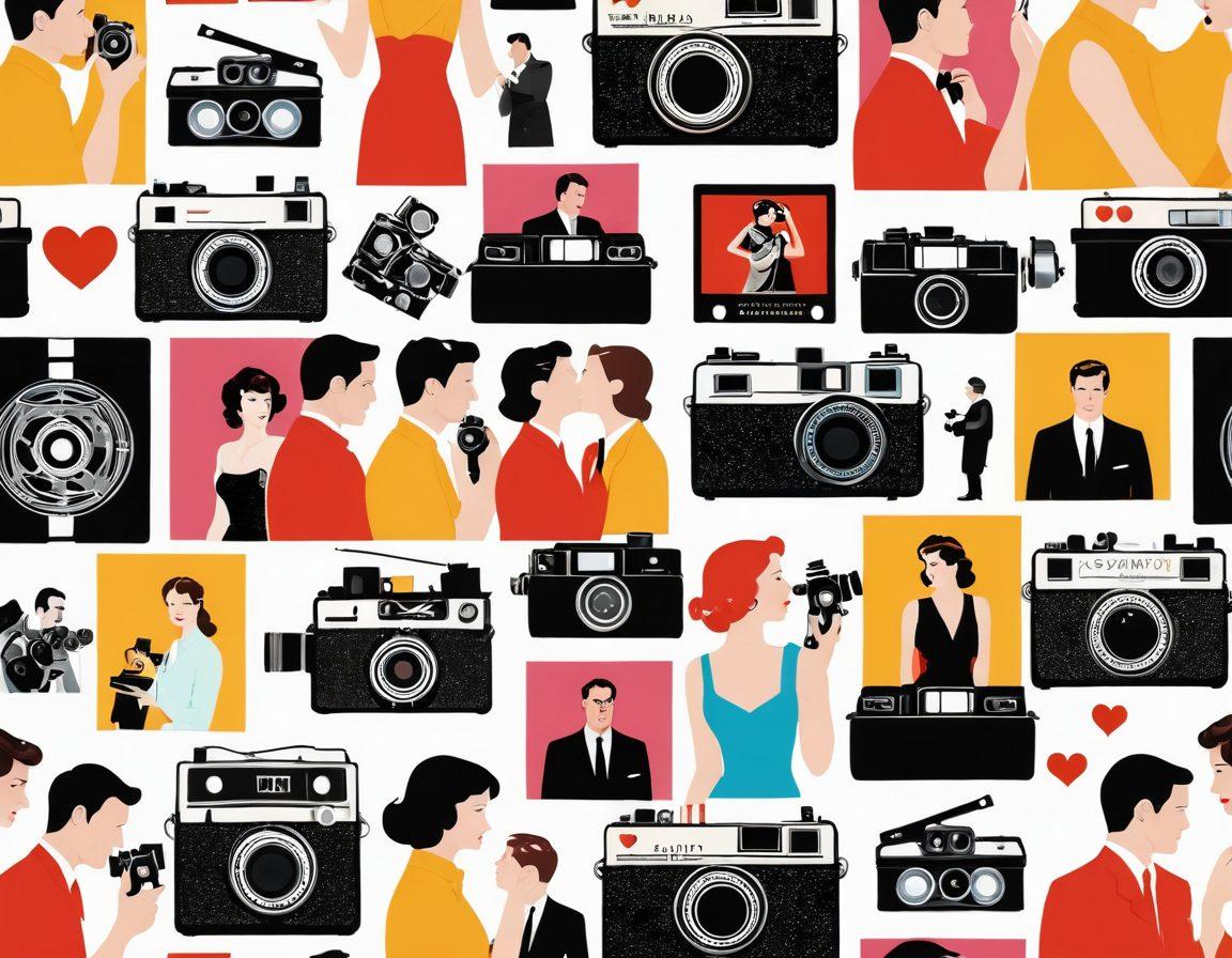 A beautifully crafted collage of iconic classic film scenes blending seamlessly into modern cinematic visuals, featuring romantic moments, diverse couples in love, and a vivid film reel as a backdrop. Include elements such as vintage film cameras transitioning into sleek modern devices, all surrounded by vibrant colors and sparkling heart motifs. super-realistic. cinematic style. vibrant colors. white background.