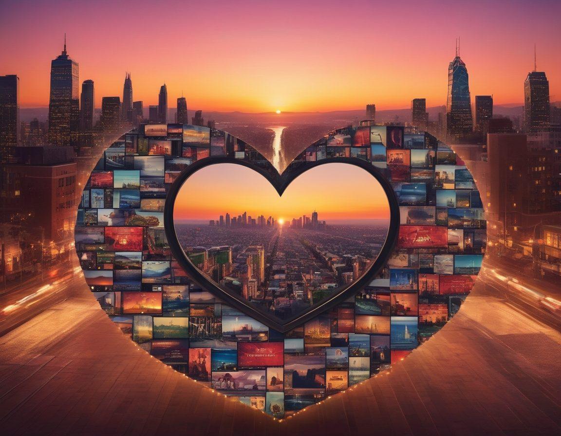 A beautifully arranged collection of iconic romantic movie posters intertwined with a heart-shaped background. Include cinematic elements like film reels and popcorn scattered around, with soft glowing lights enhancing the romantic atmosphere. The color palette should feature soft pastels and warm tones to evoke a sense of love and nostalgia. A picturesque skyline of a city at sunset in the distance. super-realistic. vibrant colors.