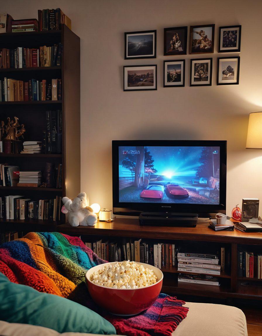 A cozy movie night scene featuring a plush couch with colorful blankets and pillows, a bowl of popcorn, and a projector displaying a heartwarming romantic film on a white screen. Soft, ambient lighting creates a warm atmosphere, and a bookshelf filled with classic romance movies is visible in the background. Include subtle elements like a notepad with film rankings and a cup of steaming tea. cozy and inviting. vibrant colors. semi-realistic.